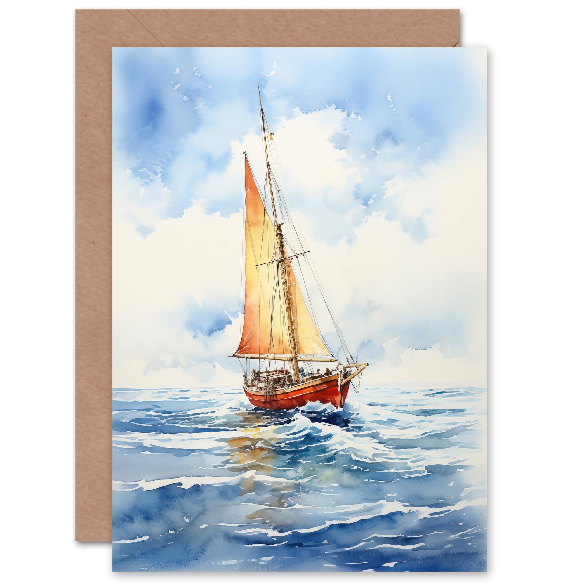 Artery8 Orange Sailing Boat Sea Seascape for Husband Him Dad Son Brother Birthday Thank You Congratulations Blank Art Greeting Card