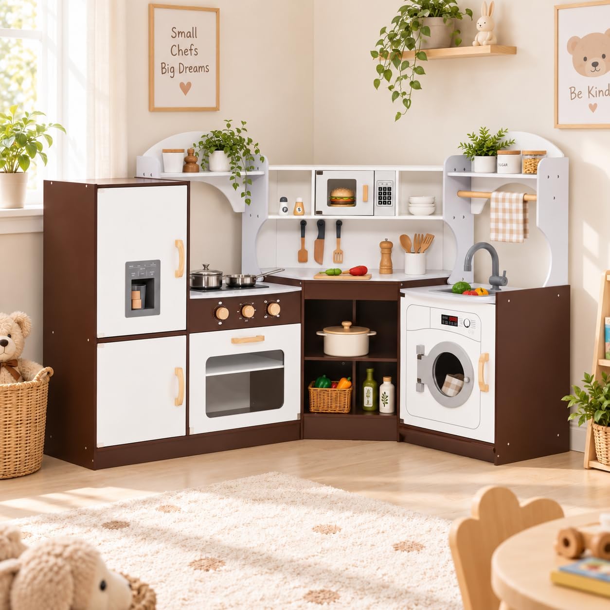 HONEY JOY Corner Kids Kitchen Playset, Ultimate Wooden Play Kitchen for Toddlers, Washing Machine, Ice Maker, Sink, Microwave, Little Chef Pretend Play Toy Kitchen Set, Gift for Boys Girls, Espresso