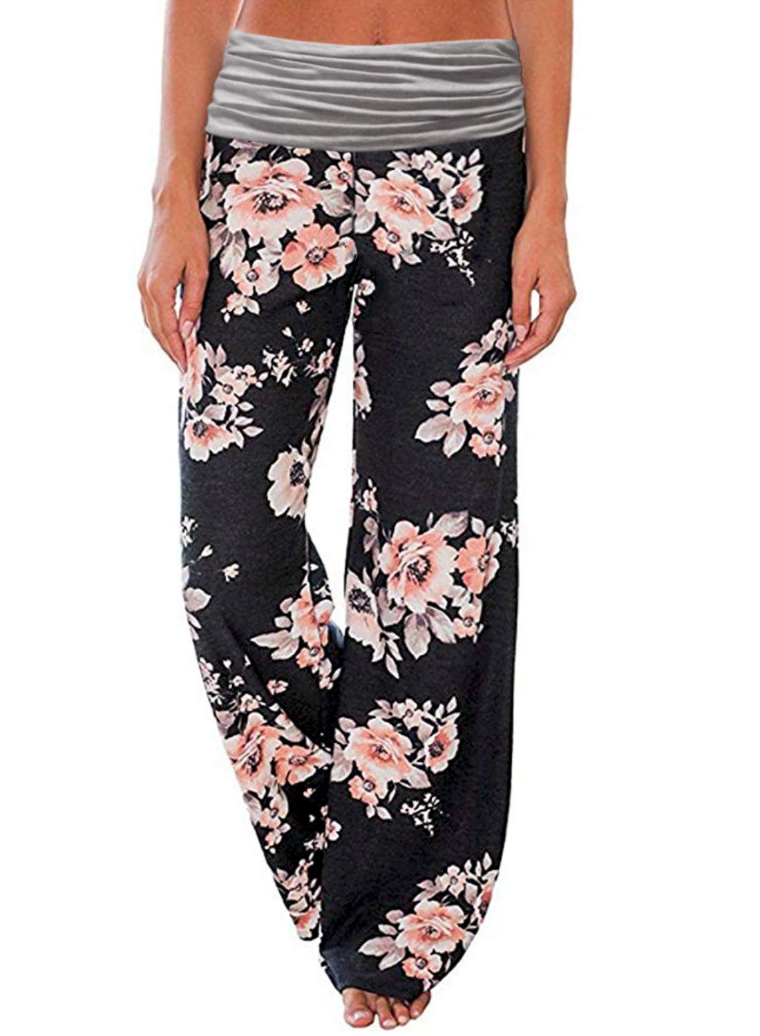 Women's Comfy Pajama Pants Wide Leg Lounge Palazzo Yoga Pants Stretch  Casual Floral Print Fold Waist Pants