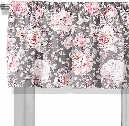 Miniatura 4 de Cenefa de cortina corta opaca con bolsillo para barra, diseño de flores rosadas y hojas en gris, para decoración de cocina, dormitorio, 52 x 18