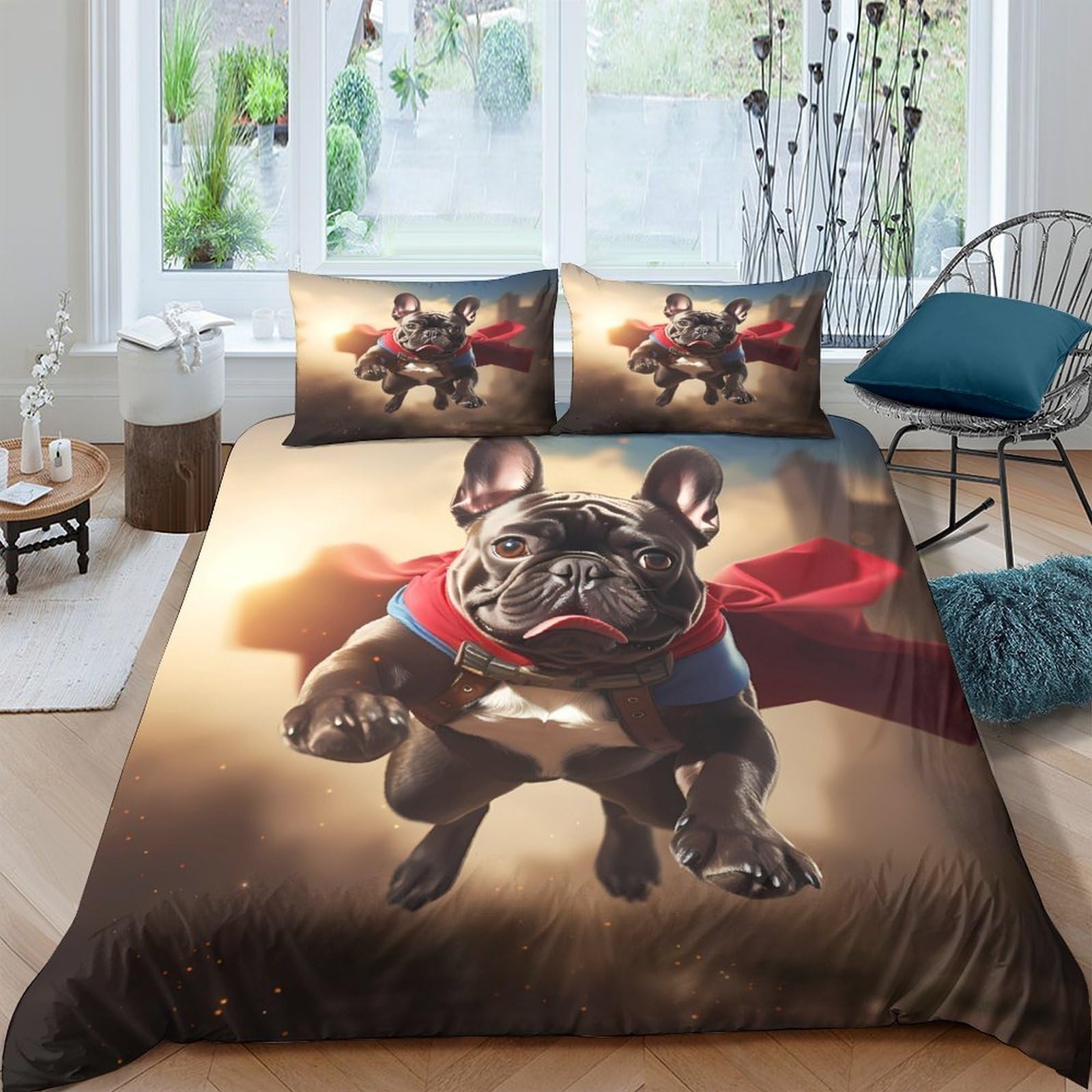 Ctjqhvkz Style-9 3D Printed Superhero Bulldog Fitted Sheet Microfiber Anti-Slip Cartoon Dog Bed Cover For Bedroom Guest Room Decor Single（135X200cm）