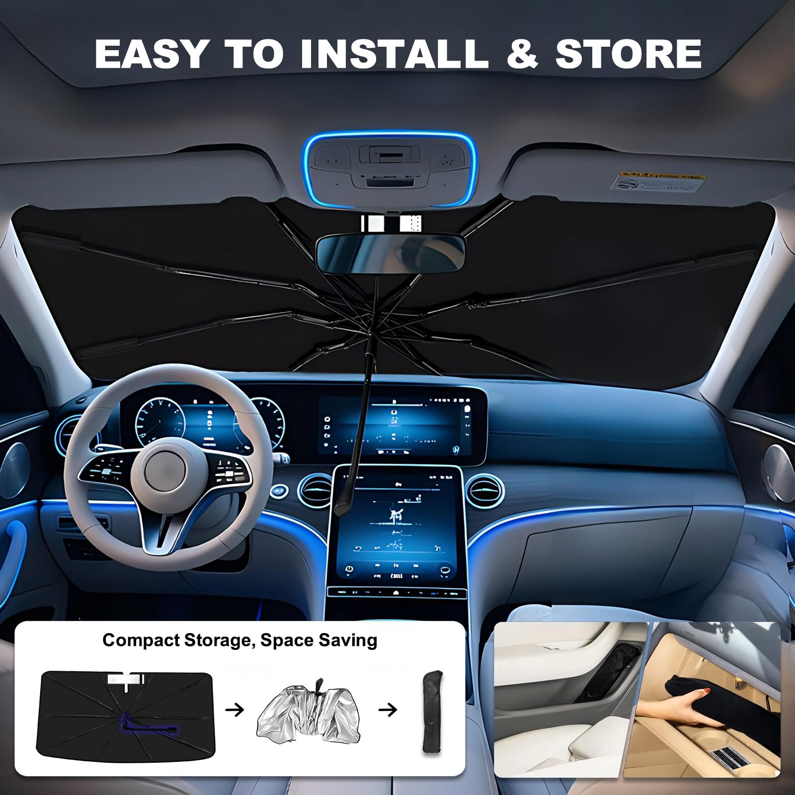 Pare-Soleil de Pare-Brise Type Parapluie – Compatible avec Au.di A4 Imported 2019-2025 Sunshade,Pare-Soleil Pliable et Protecteur – Bloque Les UV et maintient Votre Voiture au Frais