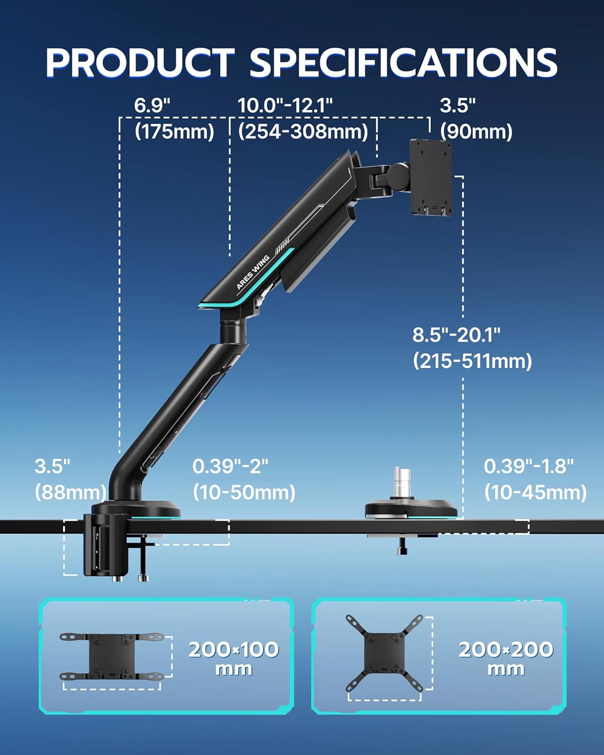 ARES WING Single Monitor Mount, Heavy-Duty Gaming Monitor Arm fits for 24"-57" Ultrawide Screen, Adjustable Computer Monitor Stand Holds Up to 60LBS with VESA Mount, Clamp & Grommet, Black