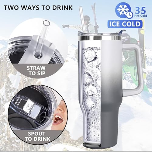 Miniatura 3 de SYACOT Vaso de 40 onzas con asa y pajita, vaso aislado de acero inoxidable, tapa a prueba de fugas y tapa con pajilla, taza de café reutilizable de