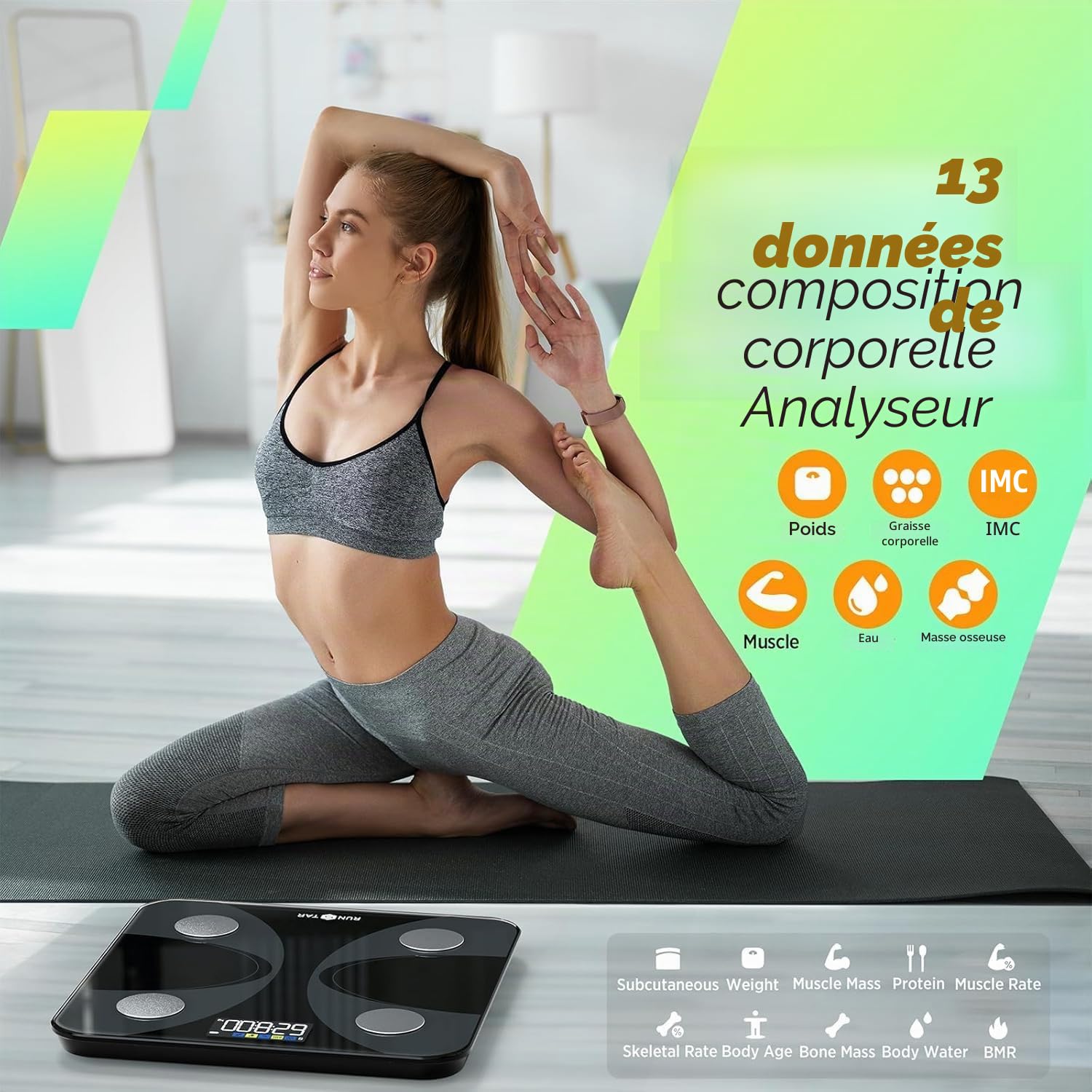 RunSTAR Balance Pese Personne Pour Poids et Masse Grasse, Haute Précision avec Grand Écran, Balance Connectée avec APP 13 Données Corporelles Poids, Max 180kg/ 400lb, Noir