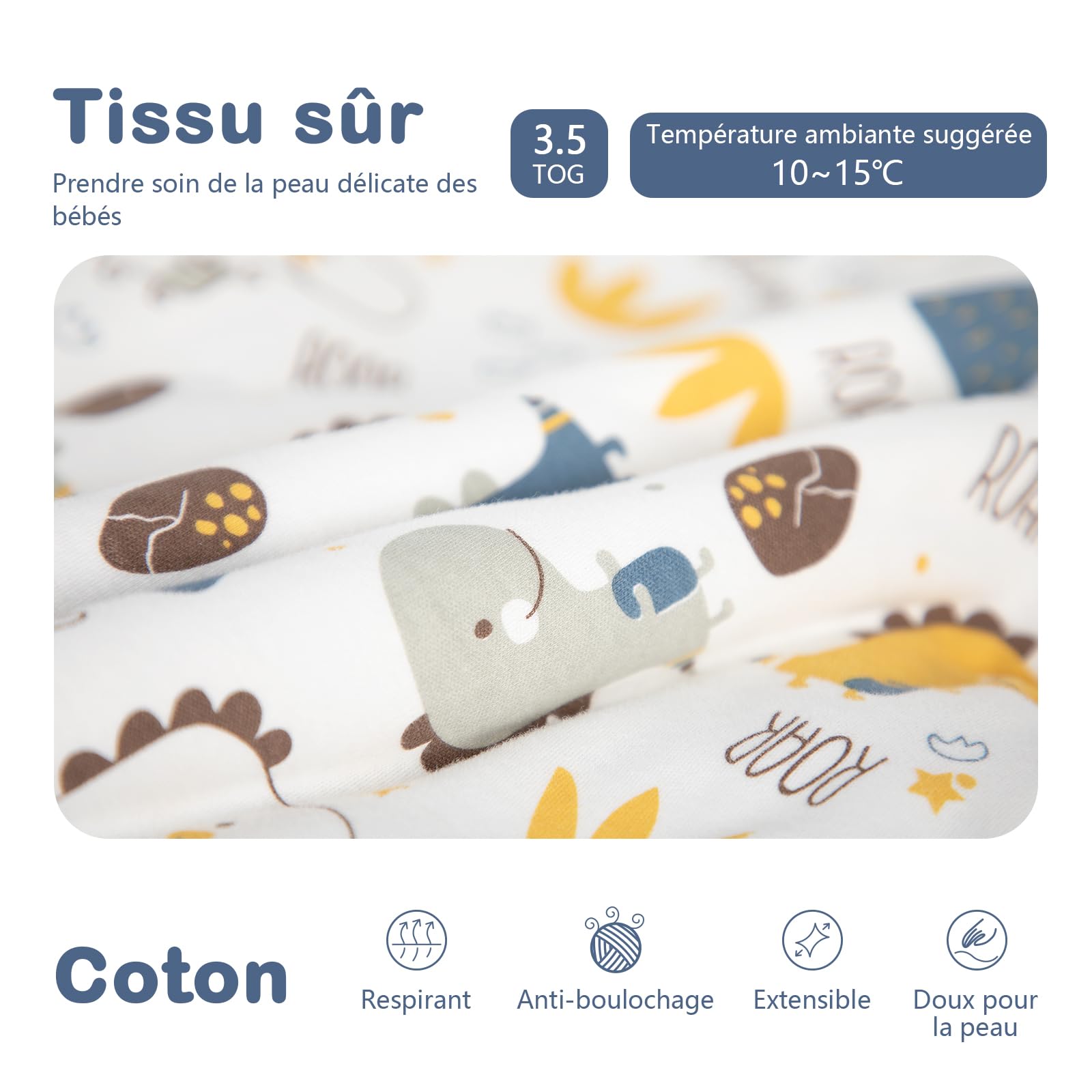 Gigoteuse pour Bébé avec Pieds, Manches Amovibles et Chaussettes - Gigoteuse Tog 3.5 Coton - Turbulette Hiver pour Bébé, Fille Garçon-Bébés Dinosaures (18-36 Mois)