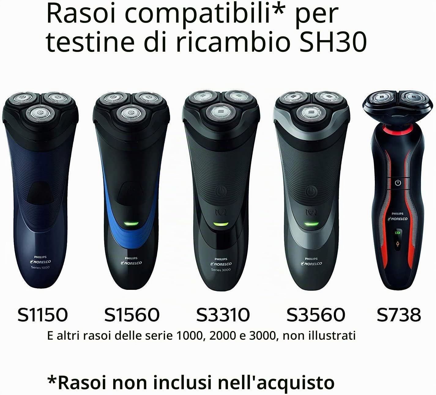 Philips SH30 - Testine di ricambio per rasoio, per serie 1000-2000-3000, ricambio originale OEM, confezione da 3 testine