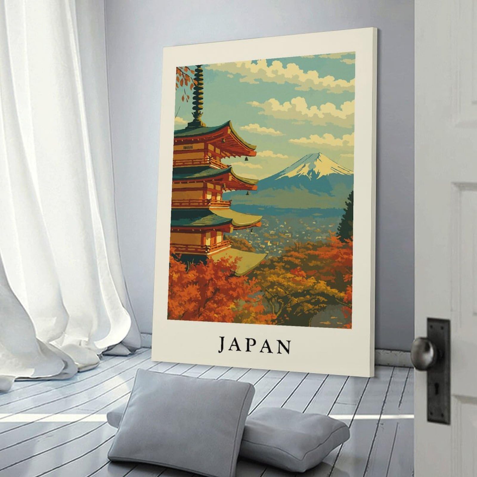 Junmoney Frame-Style-13 Japan Landscape With Pagoda And Mountain Wall Art Print, 16X24inch(40X60cm), For Workspace Walls, Study Corners Or Bedrooms, A Smart Decor Choice For Study Walls