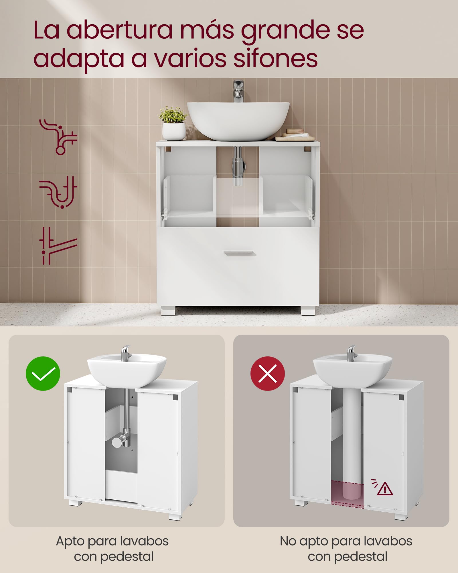 VASAGLE Mueble bajo Lavabo, Armario de Baño, MDF, con 2 Cajones, 60 x 30 x 63,8 cm, Blanco, Colección Kailyn BBK520WB01