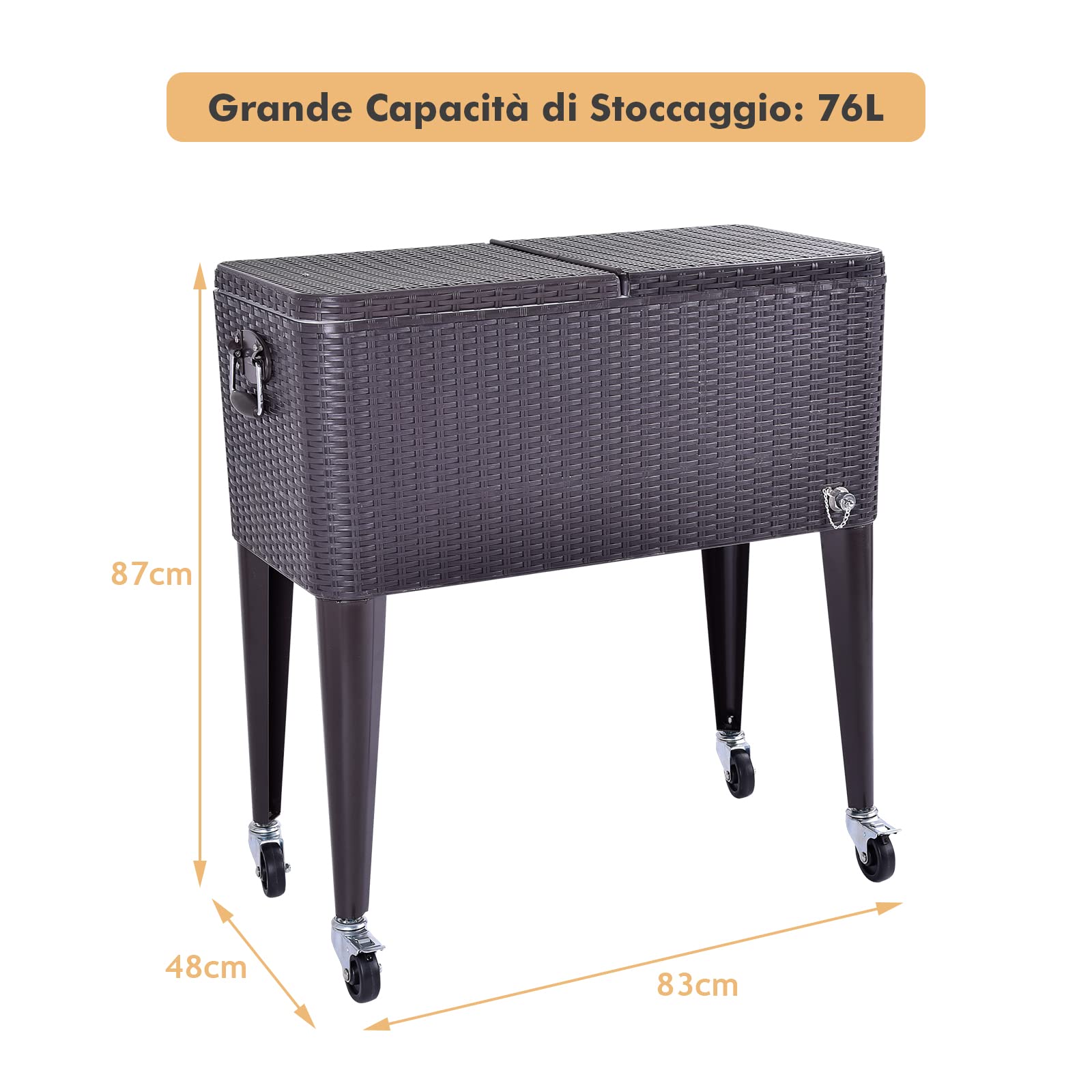 COSTWAY Carrello Portavivande Refrigerante Rattan 76L, Carrello Portaghiaccio con Ruote Bloccabili, Apribottiglie, 83x48x87 cm