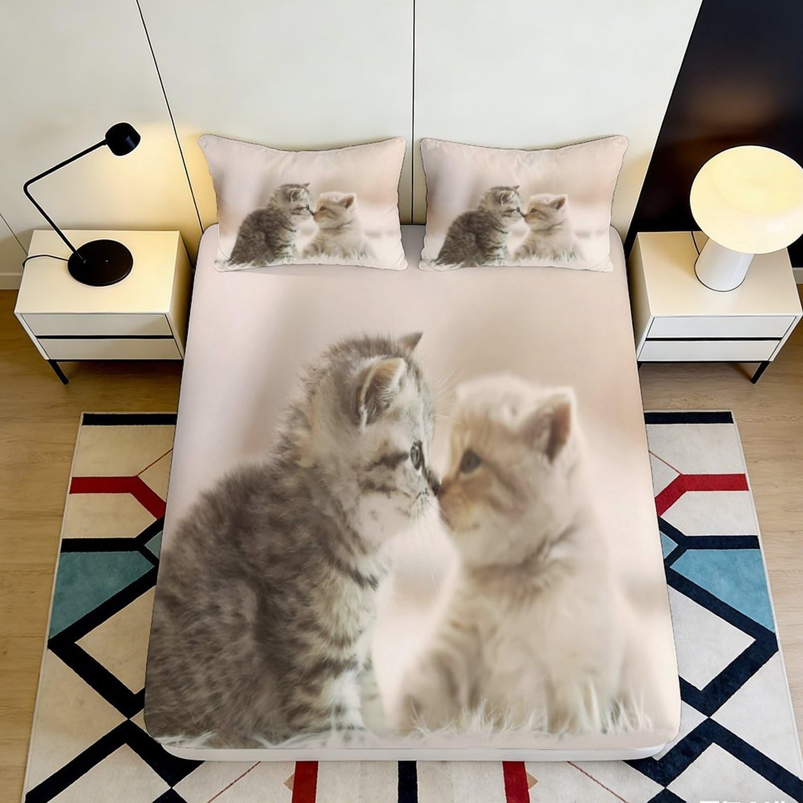 3D Printed Cute Cat Fitted Sheet Microfiber Soft Breathable Kitten Bed Cover for Bedroom Dorm Mattress Decor 90x200x25cm