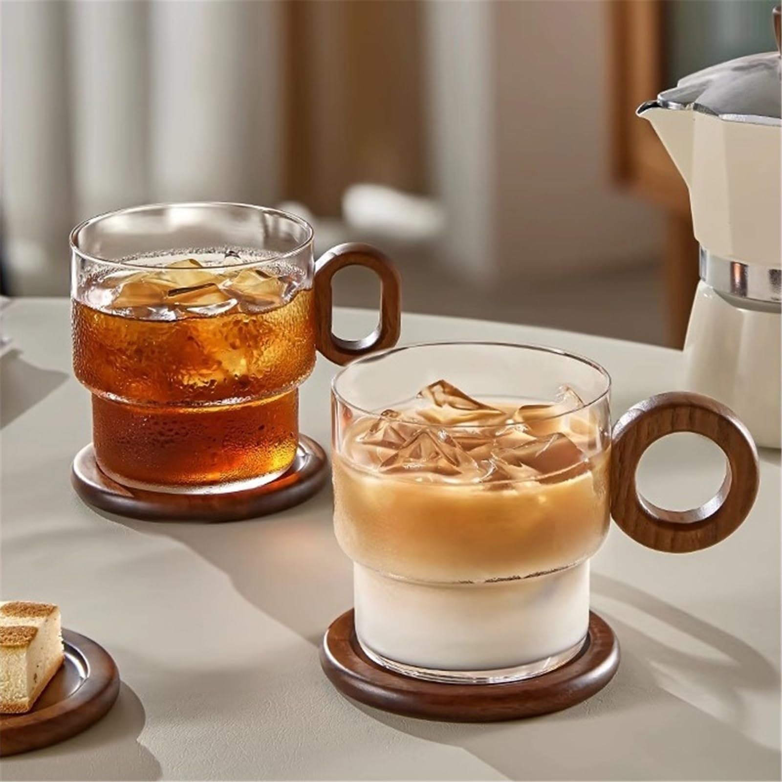 Kaffeetassen-Set aus mit Untersetzer, 330 ml, klare Tassen aus Borosilikatglas mit Griff aus Walnussholz for Saft