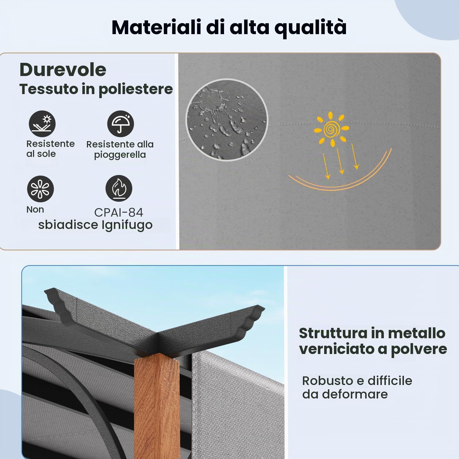 HOMASIS Pergolato Curvo 3,6 x 3m, Gazebo da Giardino con Copertura a Scomparsa, Gazebo Esterno Resistente con Tetto Regolabile in Poliestere, Tettoia per Esterno, Cortile (Grigio)