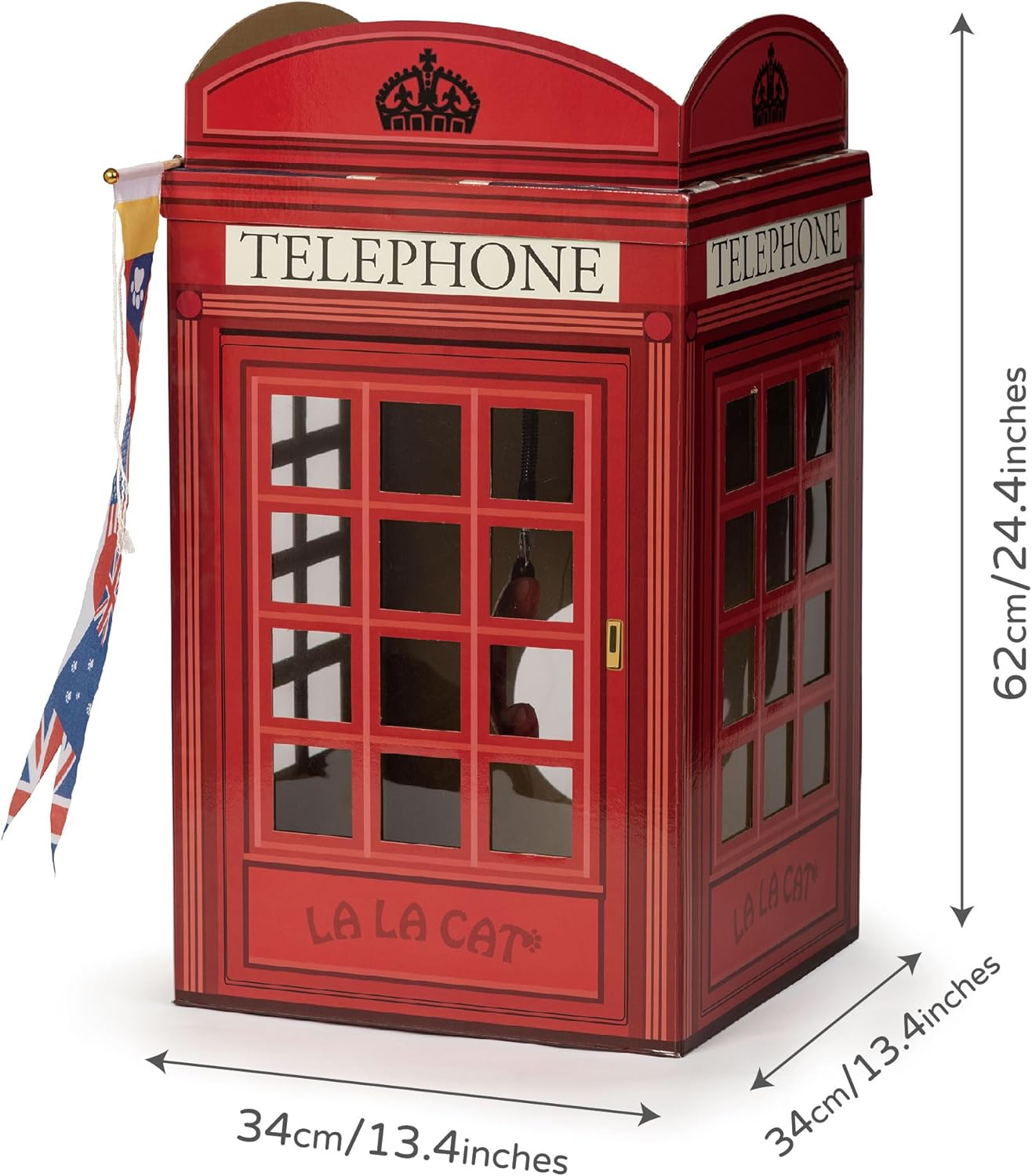 The British Red Telephone Booth Cat House Features a Flag Teaser Wand for Cats