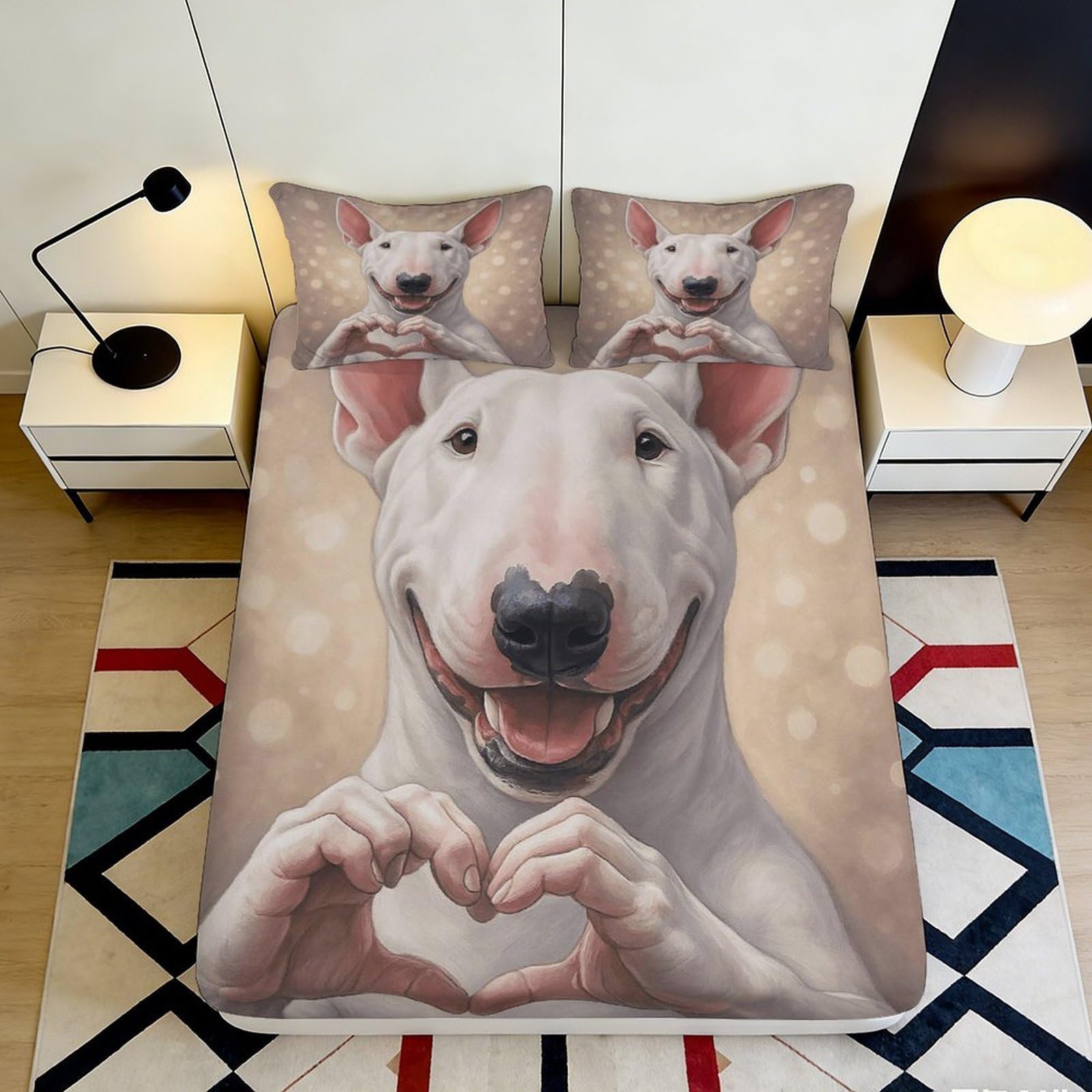 3D Printed Bull Terrier Dog Fitted Sheet Microfiber Soft Anti-Slip Heart Hands Bed Cover for Bedroom Guest Room 90x200x25cm