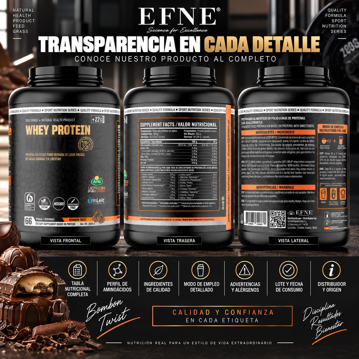 EFNE Whey Protein Native 2kg | Sabor Bombon Twist | 66 Tomas