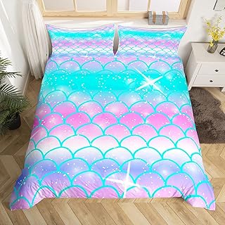 Erosebridal Fish Scale Duvet Cover Girls Women Twin Size Blue Purple Mermaid Scales Decor Bedding Set Cute Romantic Style Soft Microfiber Comforter Cover Set,1 Duvet Cover with 1 Pillow Case