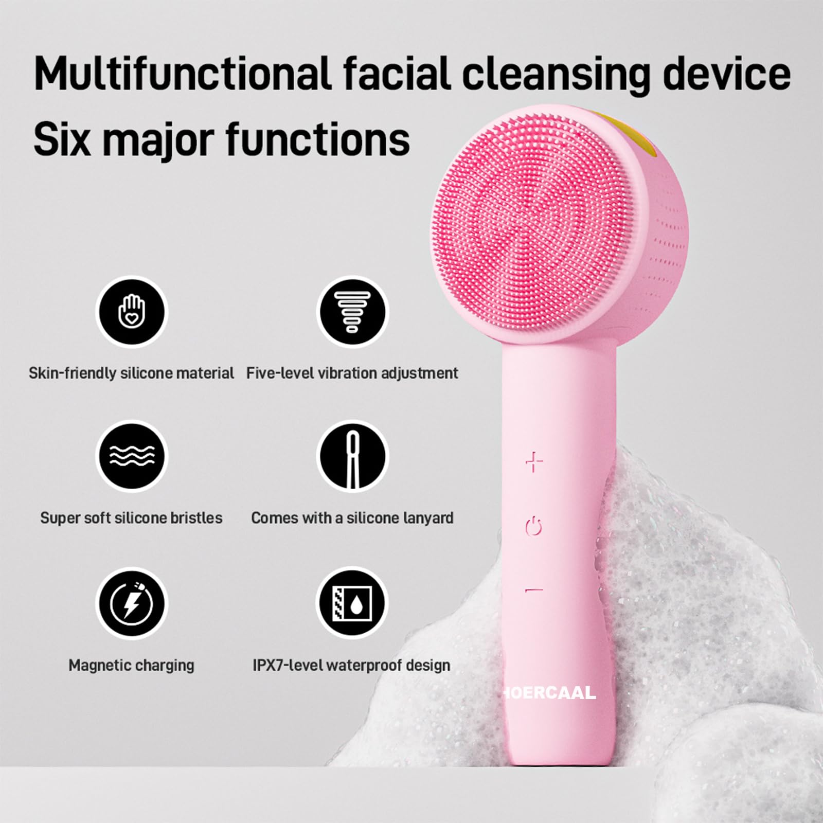 Cepillo de limpieza facial eléctrico - Limpiador facial de silicona recargable, limpiador vibratorio impermeable con 5 intensidades ajustables para limpieza profunda y exfoliación - Rosa