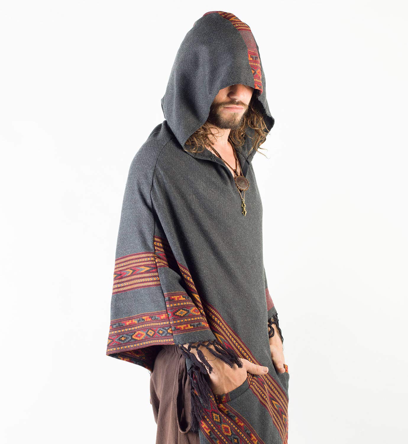 Poncho de lana de yak para hombre, color gris oscuro, capucha grande y bolsillos, patrón tribal terroso Festival Gypsy AJJAYA alternativa primitiva mexicana, gris, Taille unique