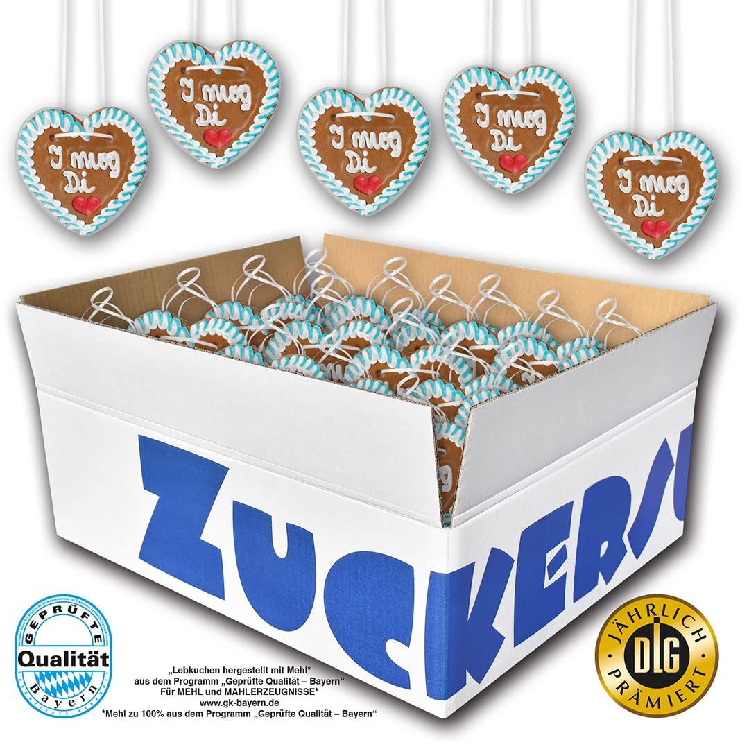 20 Stück Lebkuchenherzen mit "I mog Di " beschriftet 10cm groß / 40g schwer. Frische Oktoberfestlebkuchenherzen aus München. Lebkuchen Herzen günstig kaufen | Konditorei Zuckersucht (20 Stück)