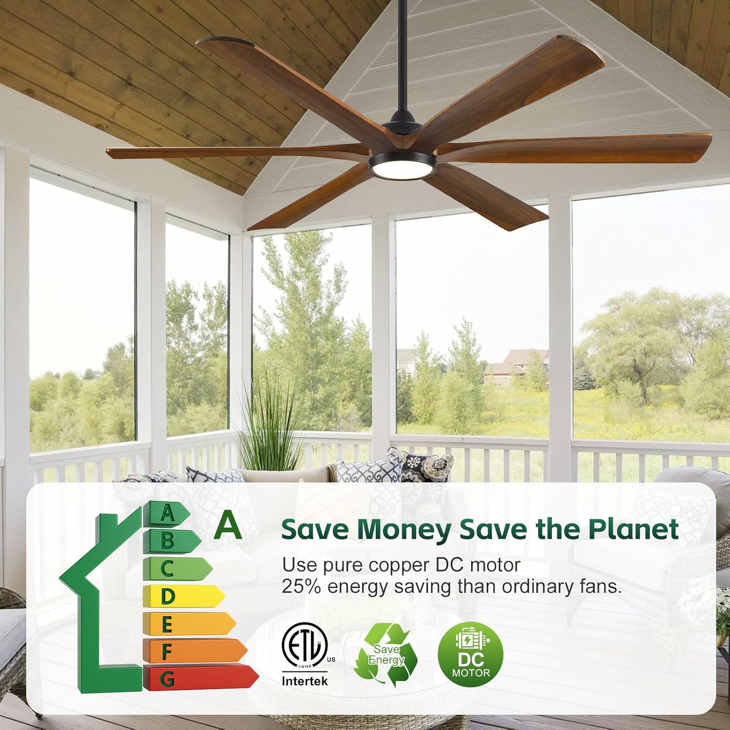 72 Inch Outdoor Ceiling Fan with Light and Remote - Damp Rated for Indoor/Exterior, 6 Brown Wood Blade, Large Airflow Quiet Energy Efficient DC Motor, for Patios Porch Gazebo Garage Farmhouse