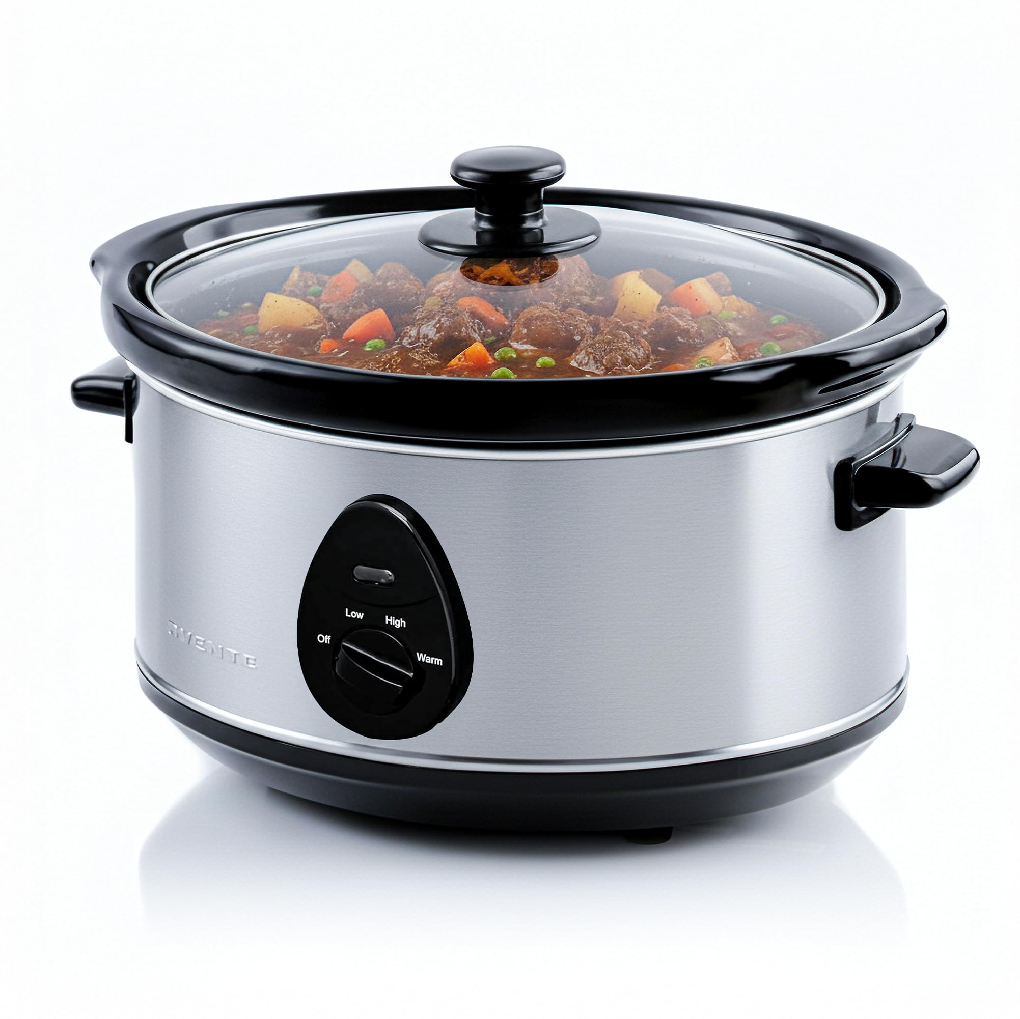 OVENTE Electric Slow Cooker with 3 Cooking Settings Non-Stick and Dishwasher Safe Stoneware Stainless Steel Body Glass Lid