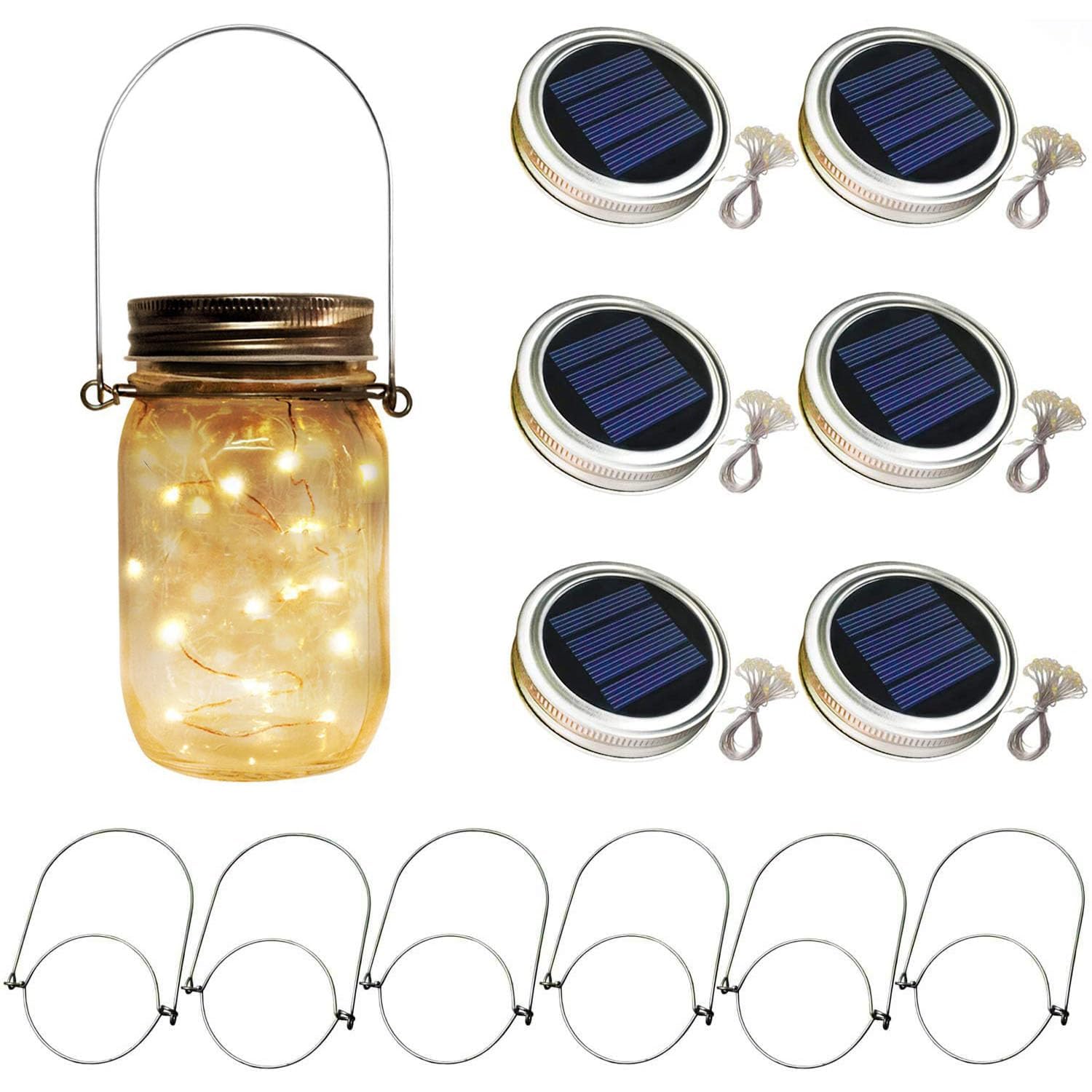 Mason Jar Lid Lights 6pcs Waterproof LED Solar Lanterns Hanging Fairy Firefly String Light Outdoor Hanging Fairy String Lights with 6 Hangers for Home KTV Party Patio Garden Trees Decor (Warm White)