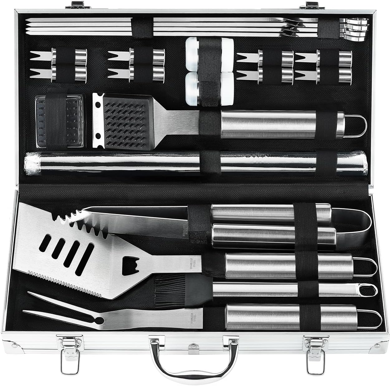 POLIGO Stainless Steel BBQ Tools Set with BBQ Grill Mats - Premium BBQ Accessories Set for Men Women - Barbecue Utensils Kit on Fathe's Day, Christmas, Birthday