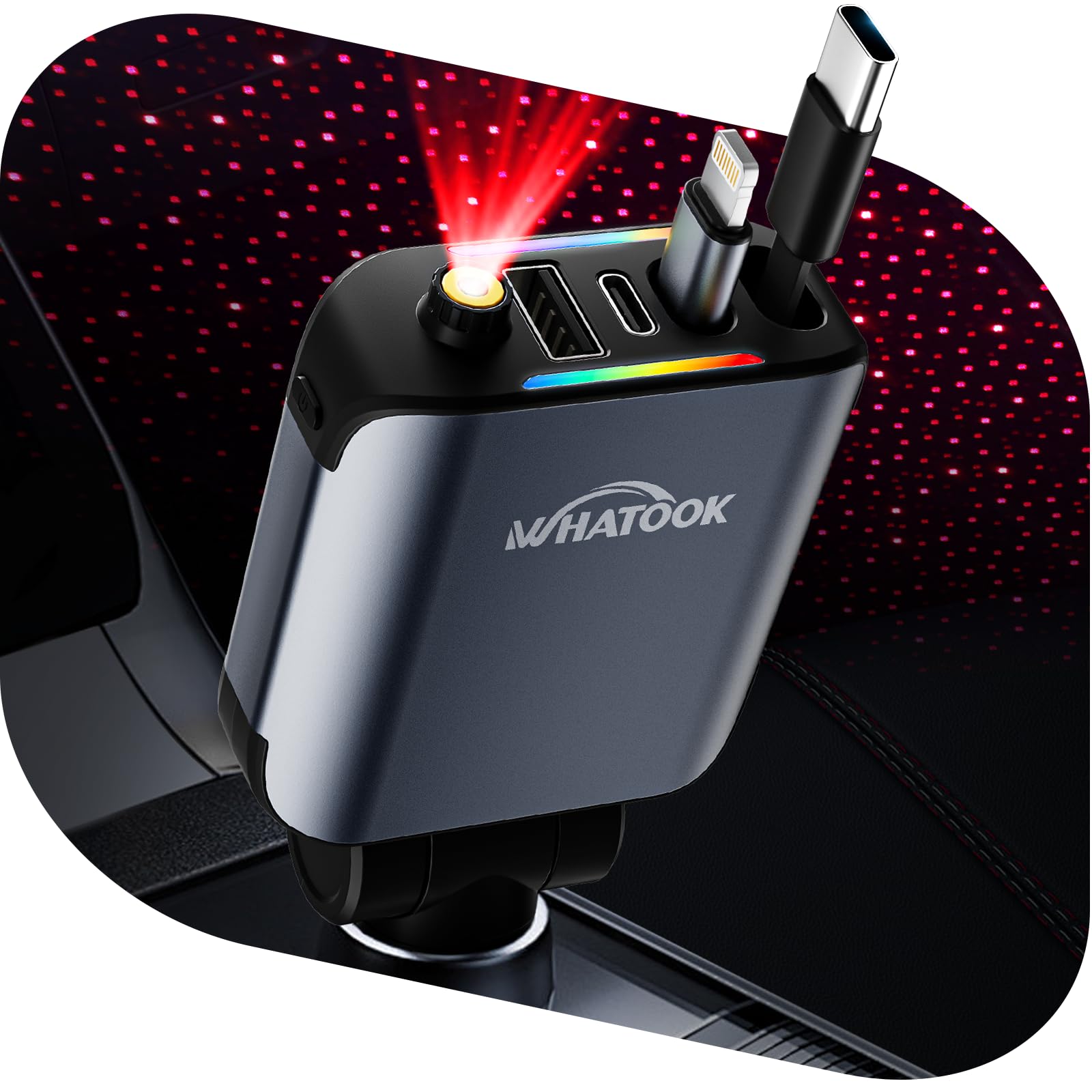 WHATOOK 4 W 1 zapalnik papierosów USB C ładowarka samochodowa: [75% mniejsza][Sternenhimmel LED] 66W KFZ Auto szybka ładowarka Adapter z wciągalnym kablem typu C/USB C/USB A, 12/24V dla iPhone/Samsung