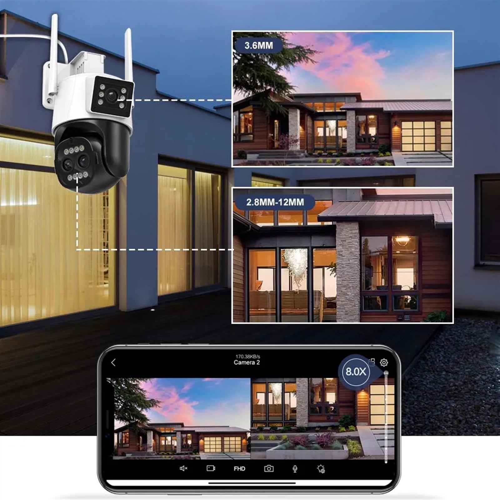 Telecamera di Sorveglianza, Telecamera IP 9MP 4K esterna Zoom 8X Tre lenti Monitoraggio automatico di sorveglianza Protezione sicurezza Telecamere CCTV PTZ