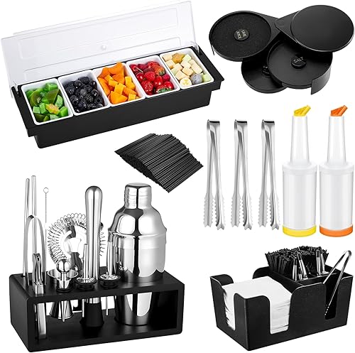 Mifoci Kit de 23 piezas de suministros de barman bandeja para guarnición para camareros con tapa, organizador de barra de 3 niveles, 13 piezas,