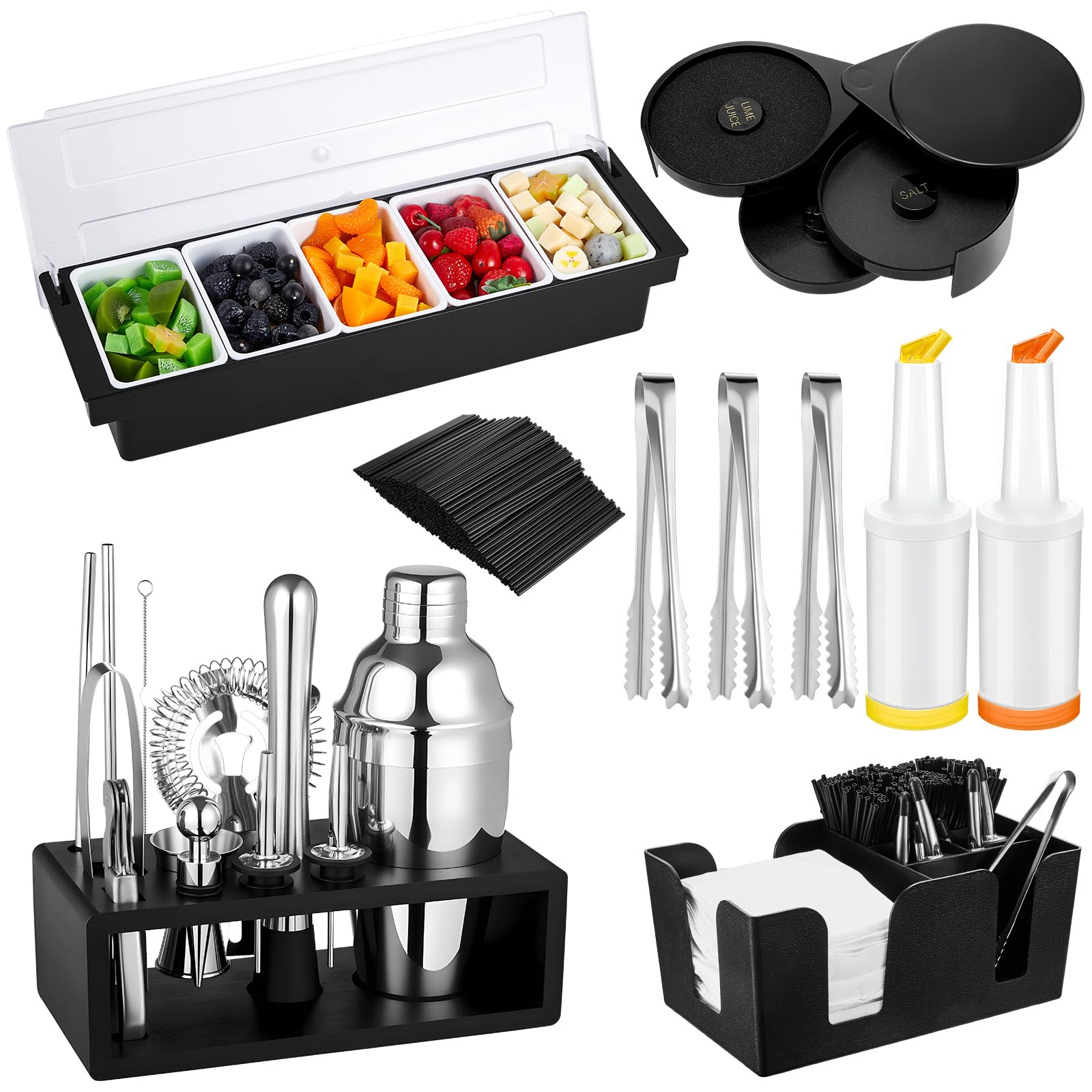 Mifoci Kit de 23 piezas de suministros para camareros, bandeja de guarnición para camareros con tapa, organizador de barra de 3 niveles, 13 piezas de coctelera con accesorio de bar para principiantes