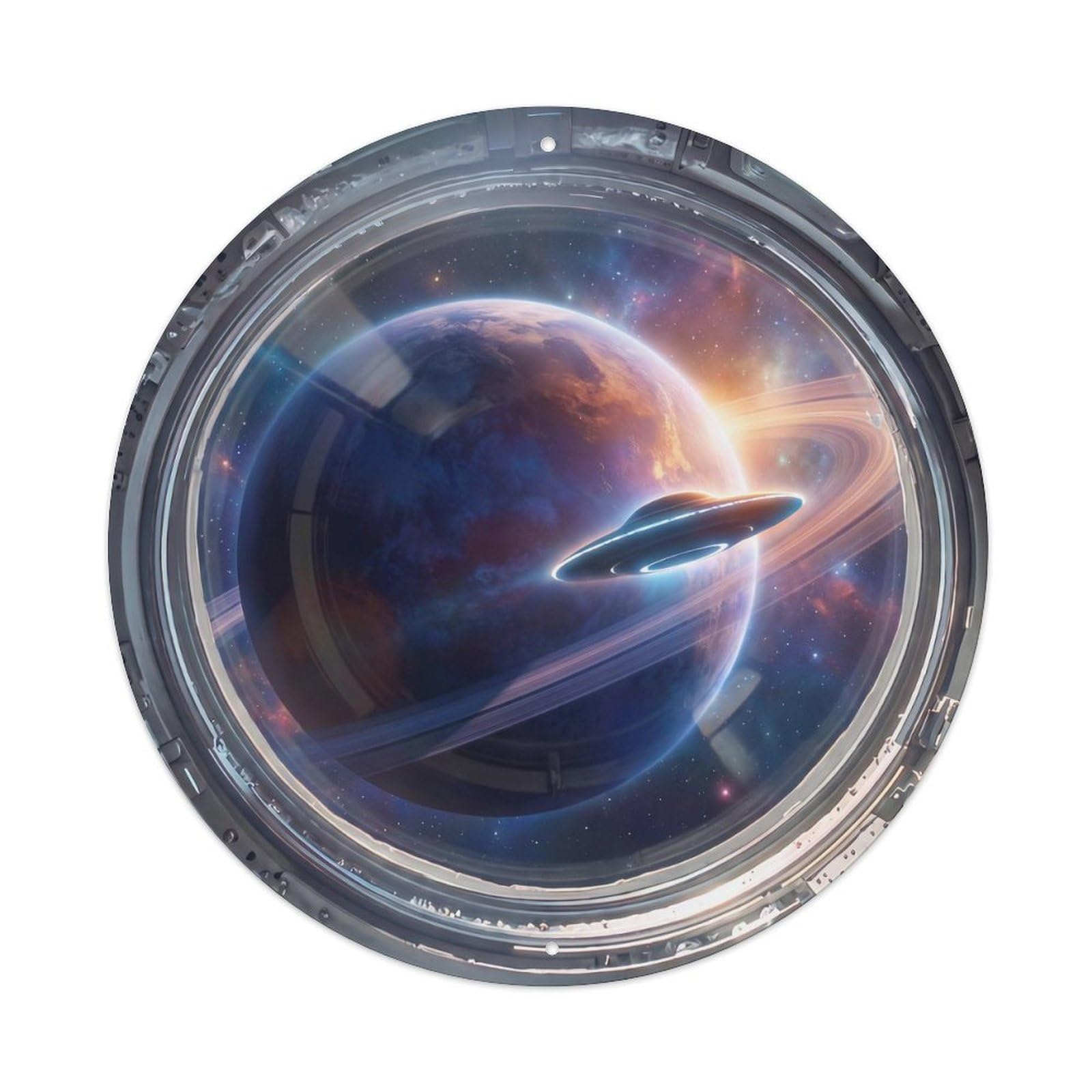 Saucer Planet View from Space Station Porthole Metal Tin Sign
