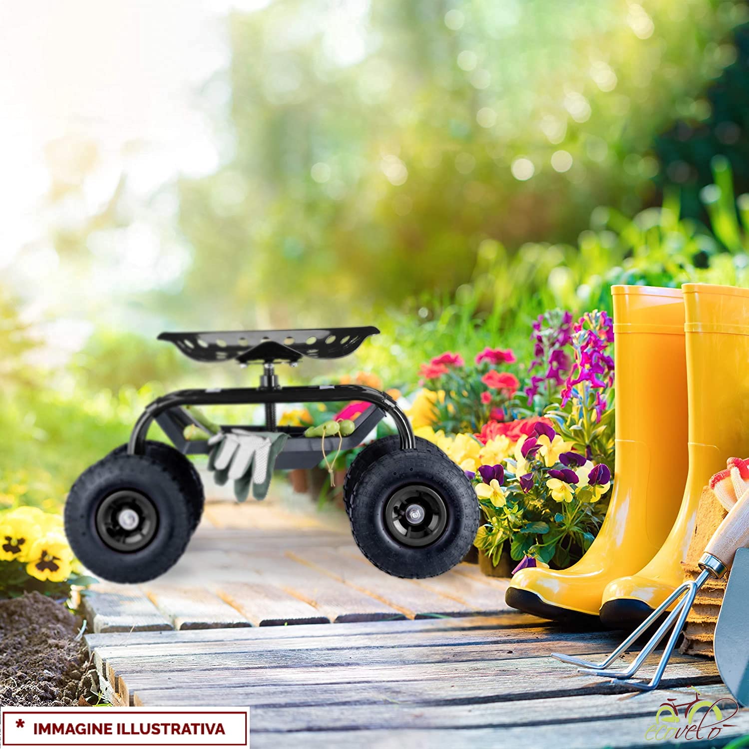 CARRELLO DA GIARDINAGGIO E OFFICINA CON SEDUTA PORTATA MAX 150 KG | SEDIA DA GIARDINO CON 4 RUOTE PNEUMATICHE