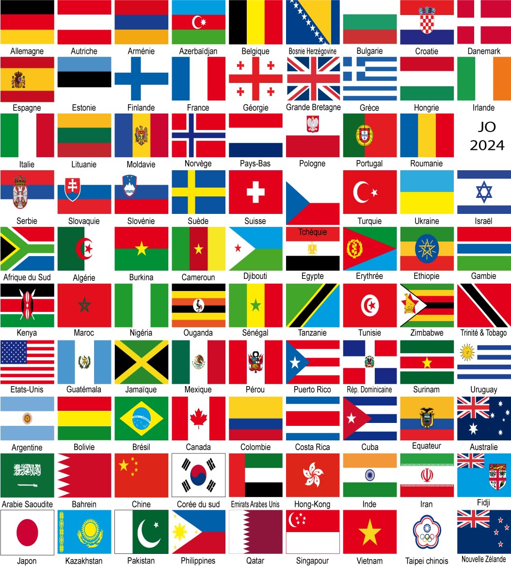 89 small country flag and name stickers participating delegations 2024