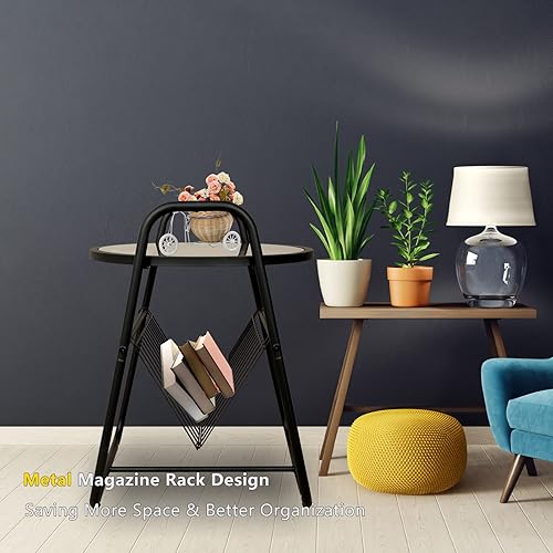 Miniatura 7 de ECOMEX Mesa auxiliar redonda, mesa auxiliar de metal con soporte para revistas para soporte de tocadiscos, mesa auxiliar pequeña para dormitorio,