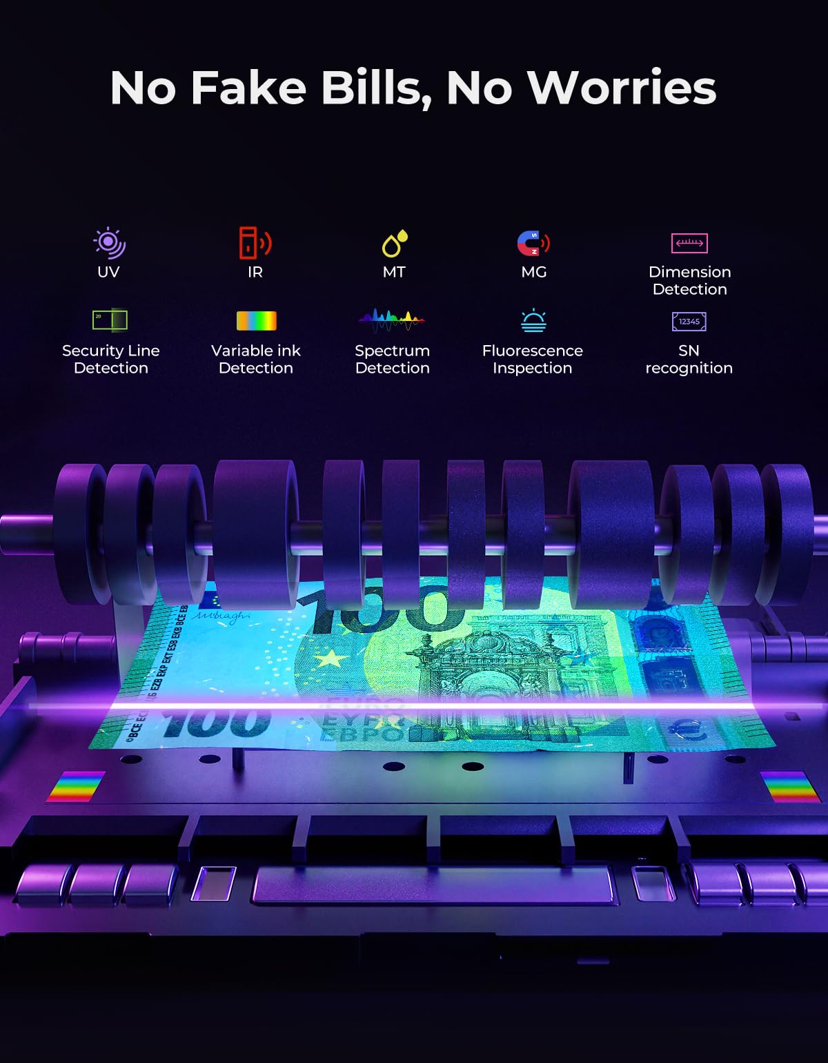 MUNBYN IMC27 Contador de Billetes con Conteo De Valor, Detector De Billetes Falsos UV/MG/IR/MT, Máquina De Contar Billetes para Euro Y USD, Modo Add/Batch, 1300 Bill/Min, Garantía De 2 Años