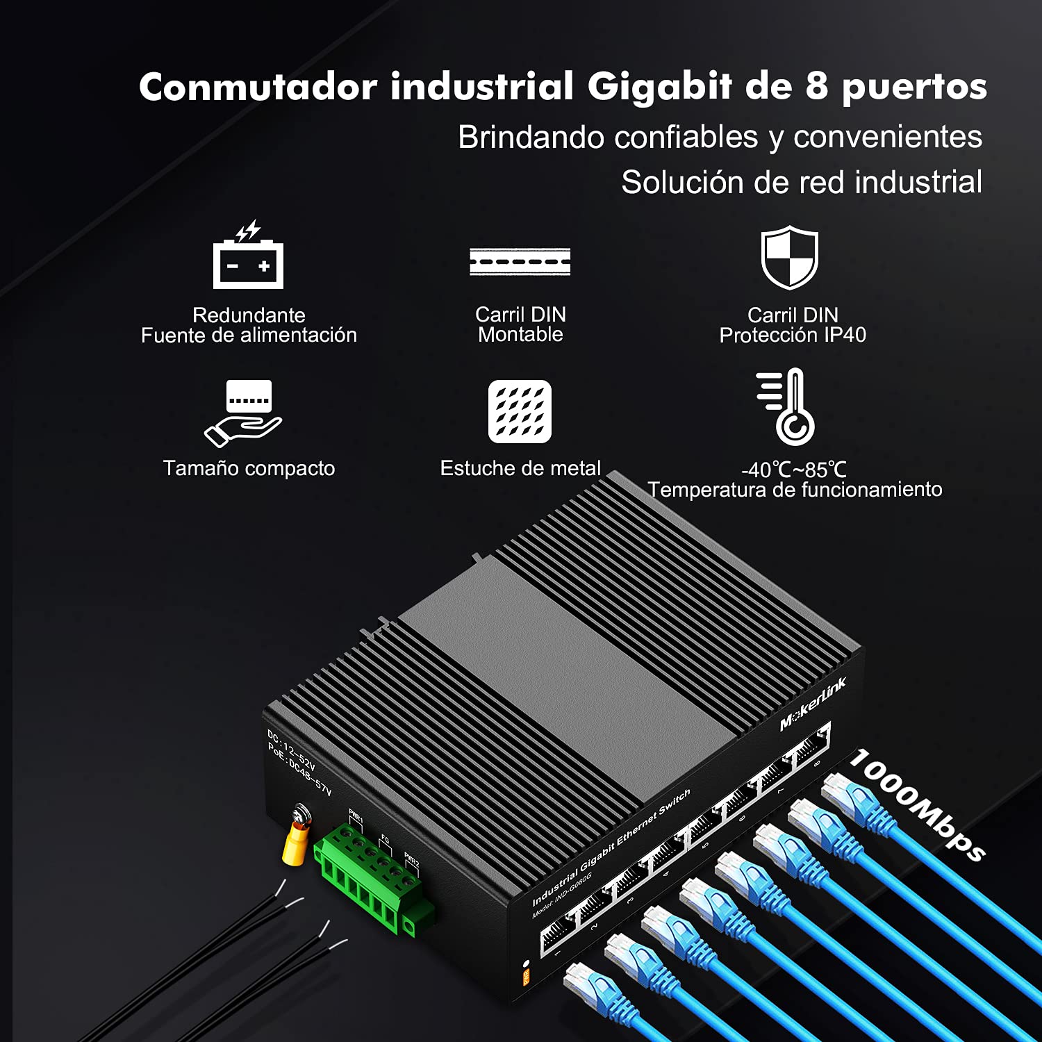 mokerlink 8 Puertos Gigabit Ethernet Switch Industrial de Carril DIN, Capacidad de Conmutación de 16Gbps, No Administrado IP40 (-40 a 185 °F), con Fuente de Alimentación