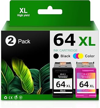 64XL Ink Cartridge Black and Color Combo Pack Replacement HP Ink 64 XL Use for Envy Photo 7855 7858 6252 6255 7800 7100 7120 7155 7158 Tango Series Printer Black/Color, 2 Pack