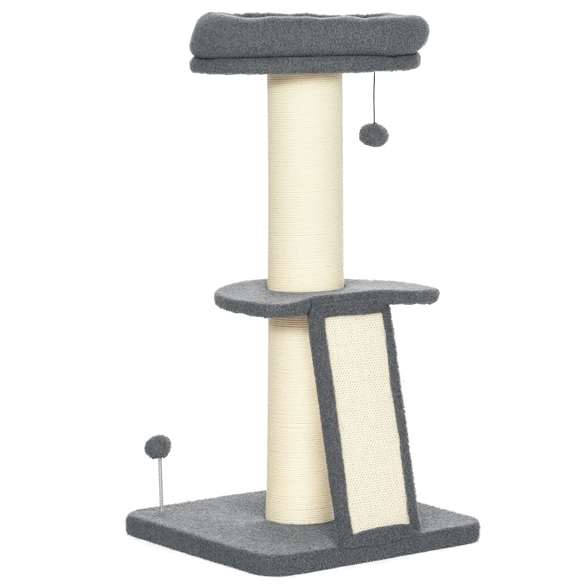 PawHut Arbre à Chat avec griffoir Tronc en sisal Boules suspendues et Plate-Forme d'observation Hauteur 92 cm - Gris