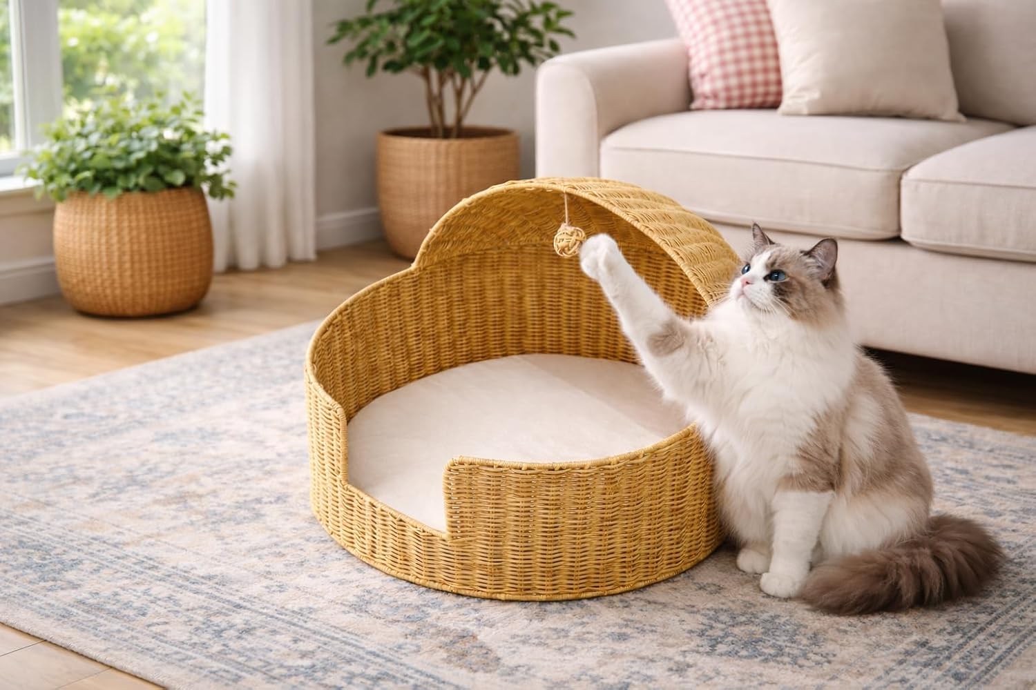 Handwoven PP Rattan Dog & Cat Bed with Canopy, Breathable Wicker Pet Sofa with Soft Sponge Cushion, Natural Rope Detail, Indoor Cat House for Small to Medium Pets