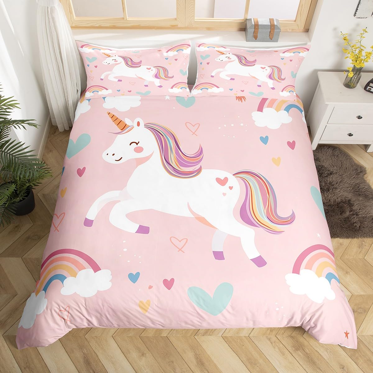 Homewish Cute Unicorn Bedding Double Size, Rainbow Unicorn Duvet Cover Set for Kids Girls, Kawaii Rainbow Heart Pattern Quilt Cover Reversible Cartoon Animal Bed Sets, Princess Bedroom Decor โ image 1