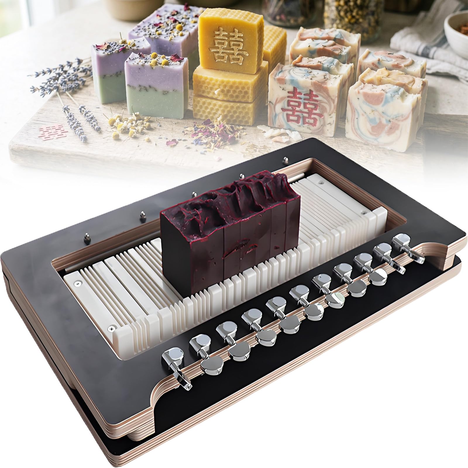 MiyKom Professional Multi-Wire Soap Slicer for Batch Production, Thickened Birch Wood Soap Loaf Cutter with Tuning Knobs, Stable and Wobble-Free DIY Crafting Tool for Artisans and Beginners