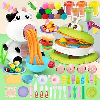 Playdough Sets for Kids Ages 4-8, Cow&Frog Play Dough Sets 50 Pcs Kitchen Creations Set Create Noodles/Burgers/Insects/Plants Play Dough Sets for Kids with Cutlery/Bowls/Plates/Pans/(5+12 Dough)