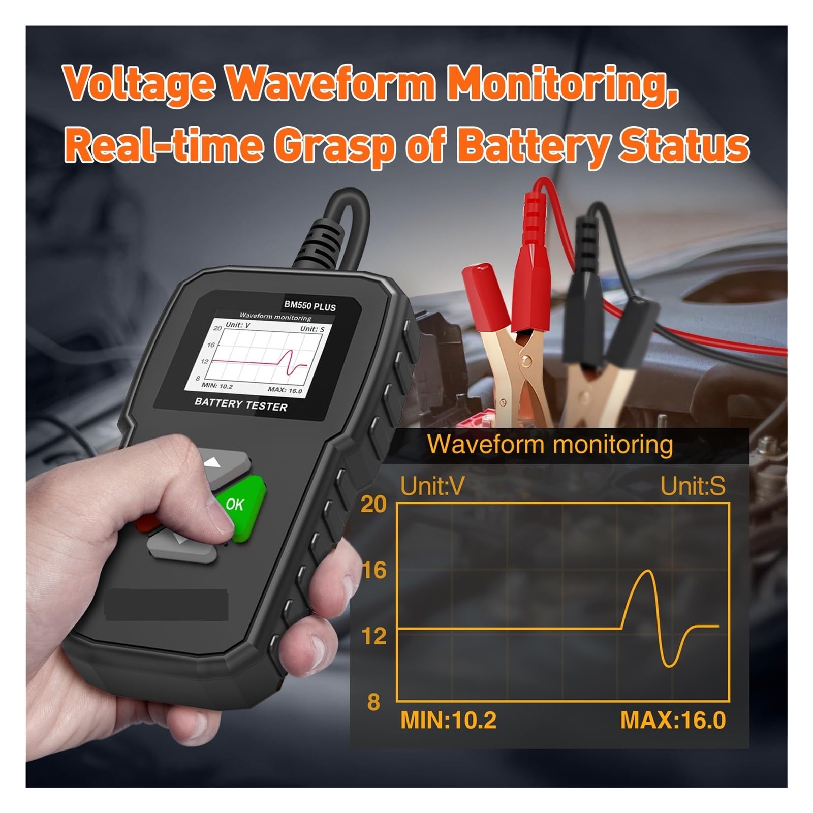 BM550 PLUS Tester for batteria auto 6V 12V 24V CCA SOH SOC Schermo a colori Forma d'onda Analizzatore di batteria auto Rilevamento strumenti, Tester per Batterie