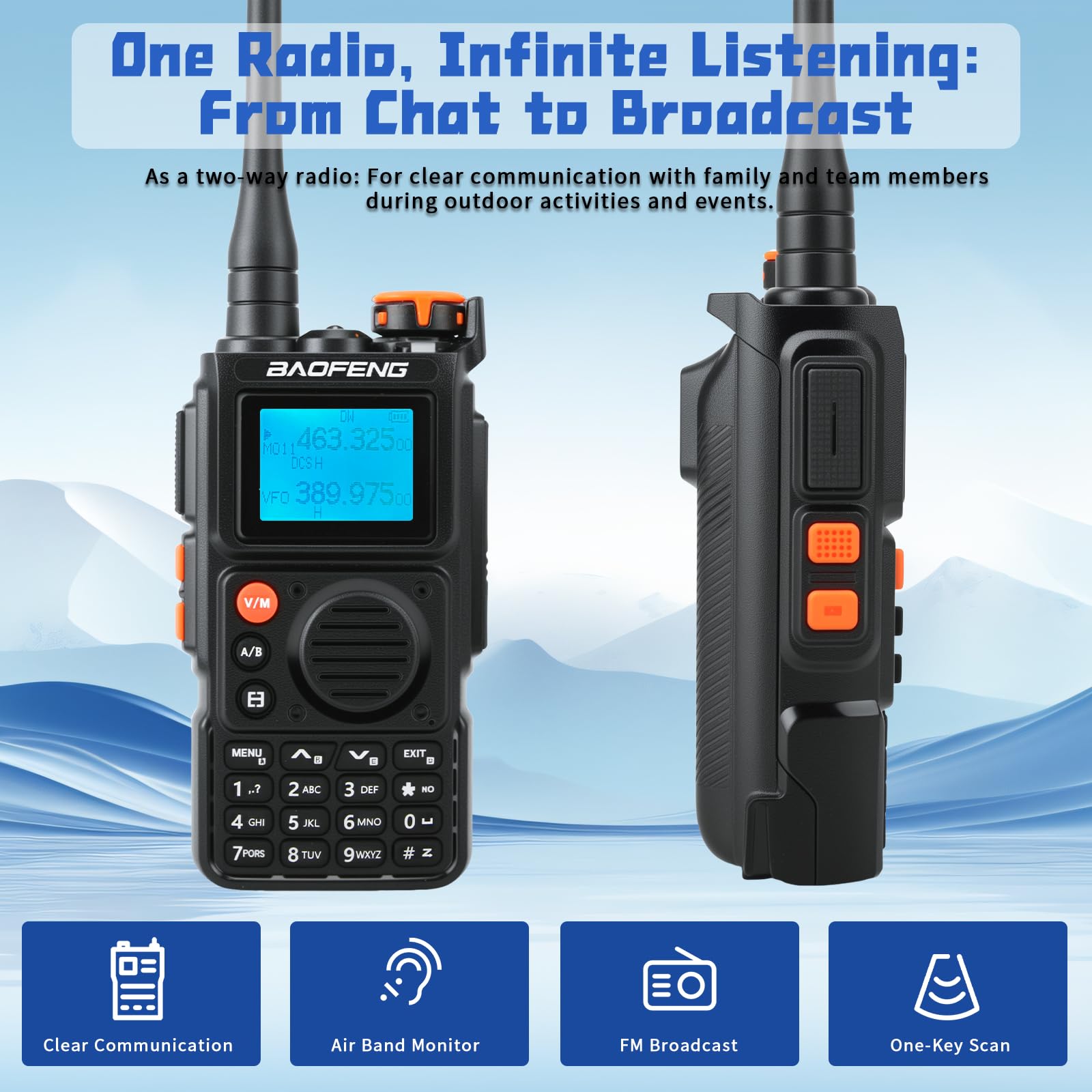 EU-K6 Walkie Talkie - Multi-Band Two Way Radio with Air Band Monitor, FM Radio, 2600mAh Type-C Battery, 8W High Power, VOX Hands-Free, SOS Emergency Alert, Weather Alert, for Camping Hiking & Work — view 2
