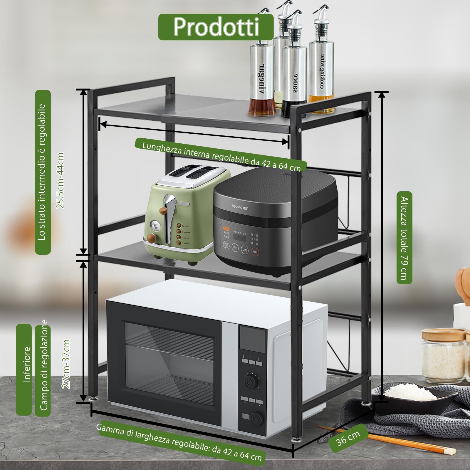 Scaffale a microonde a 2 livelli, larghezza regolabile, supporto per riporre il tostapane, scaffale cucina, allungabile da 40 a 63 cm, capacità di carico 75 kg (nero)