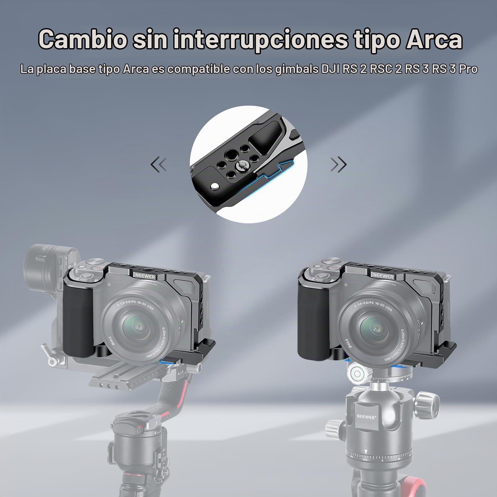 NEEWER ZV-E10 Jaula Cámara con Silicone Grip,1/4" Roscas, 3/8" Agujeros ARRI, Base QR Tipo Arca, Estabilizador Vídeo Rig Camera Cage Compatible con SmallRig Handles dji RS Gimbals Sony ZV-E10, CA003S