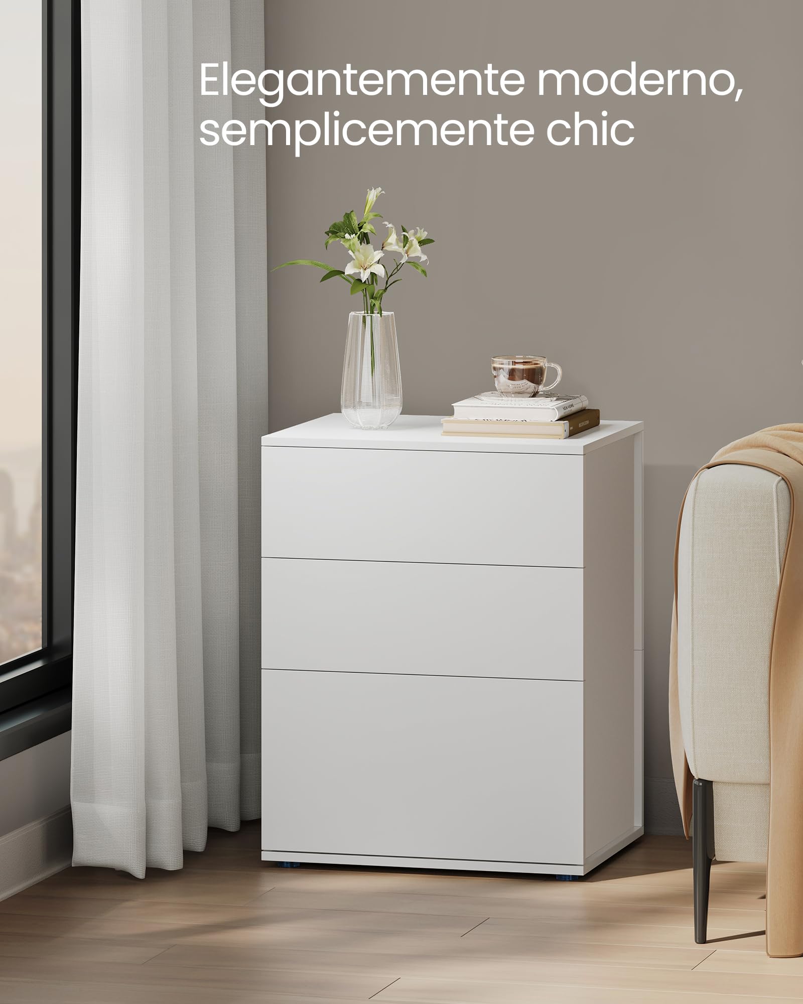 VASAGLE Comodino, Montaggio Rapido Senza Attrezzi Toolless, Tavolino da Letto con 3 Cassetti, Moderno, per Camera da Letto e Soggiorno, Bianco Opaco e Beige Cappuccino LET778W01