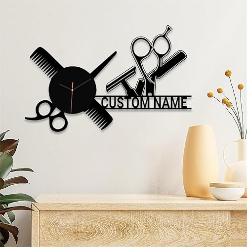 Reloj de pared personalizado con nombre de barbería, herramienta de peluquería, reloj de madera para dormitorio, sala de estar, cocina, reloj de